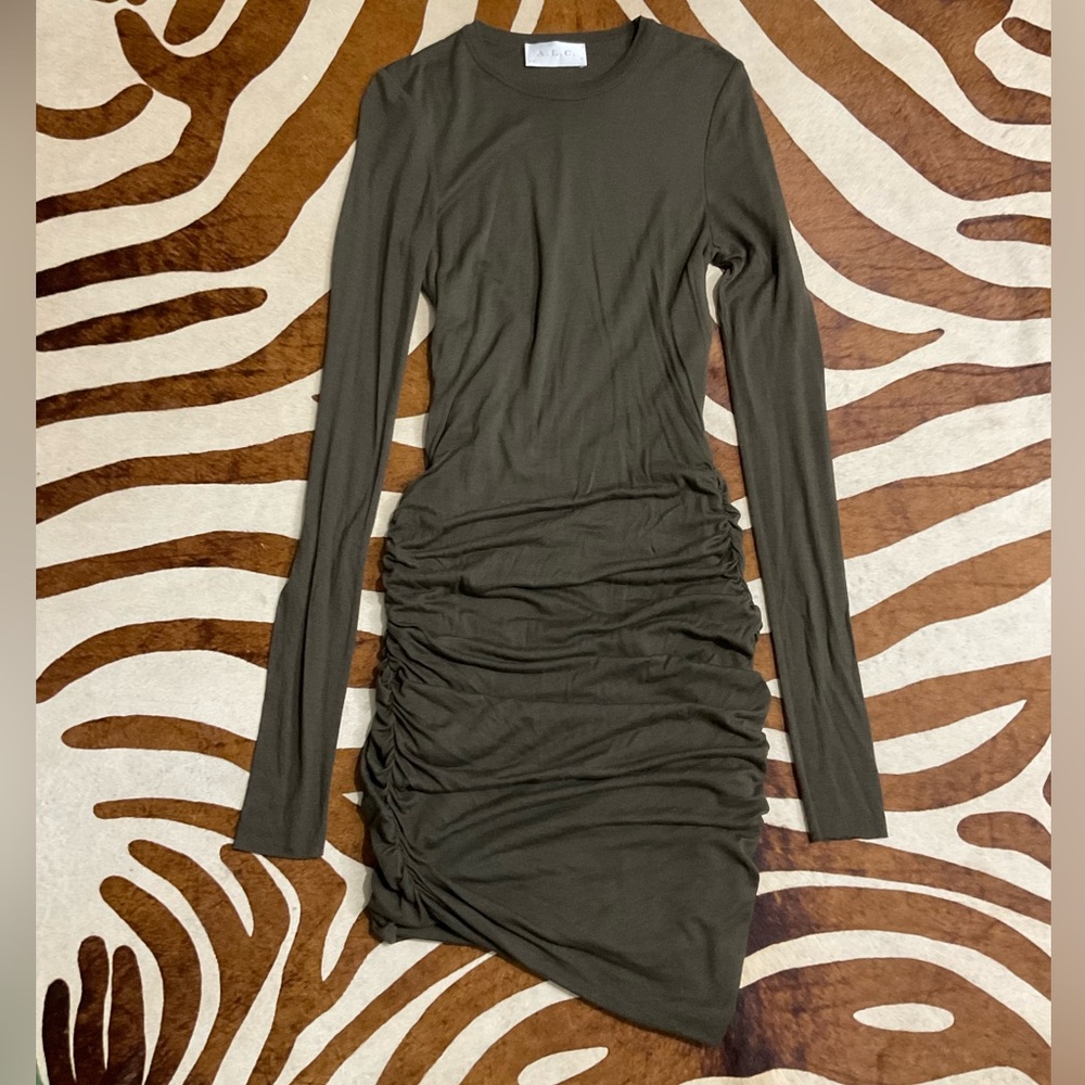 A.L.C. Army Olive Green Crew Neck Long SLeeve Ruched Dress